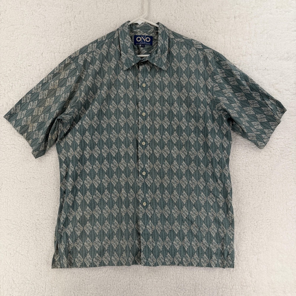 Vintage Ono Shirt Mens XL Green Aloha Tropical Cotton Button Front Hawaiian VTG‎